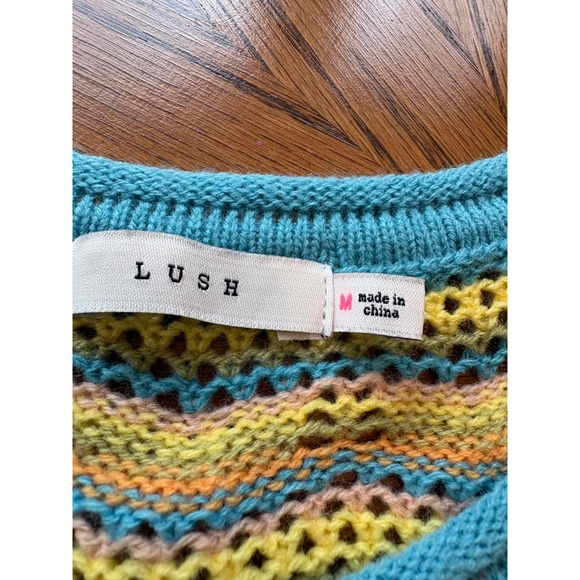 LUSH Blue Yellow Multi Crochet Knit Bell Sleeve Sweater Top Size M - Picture 3 of 7